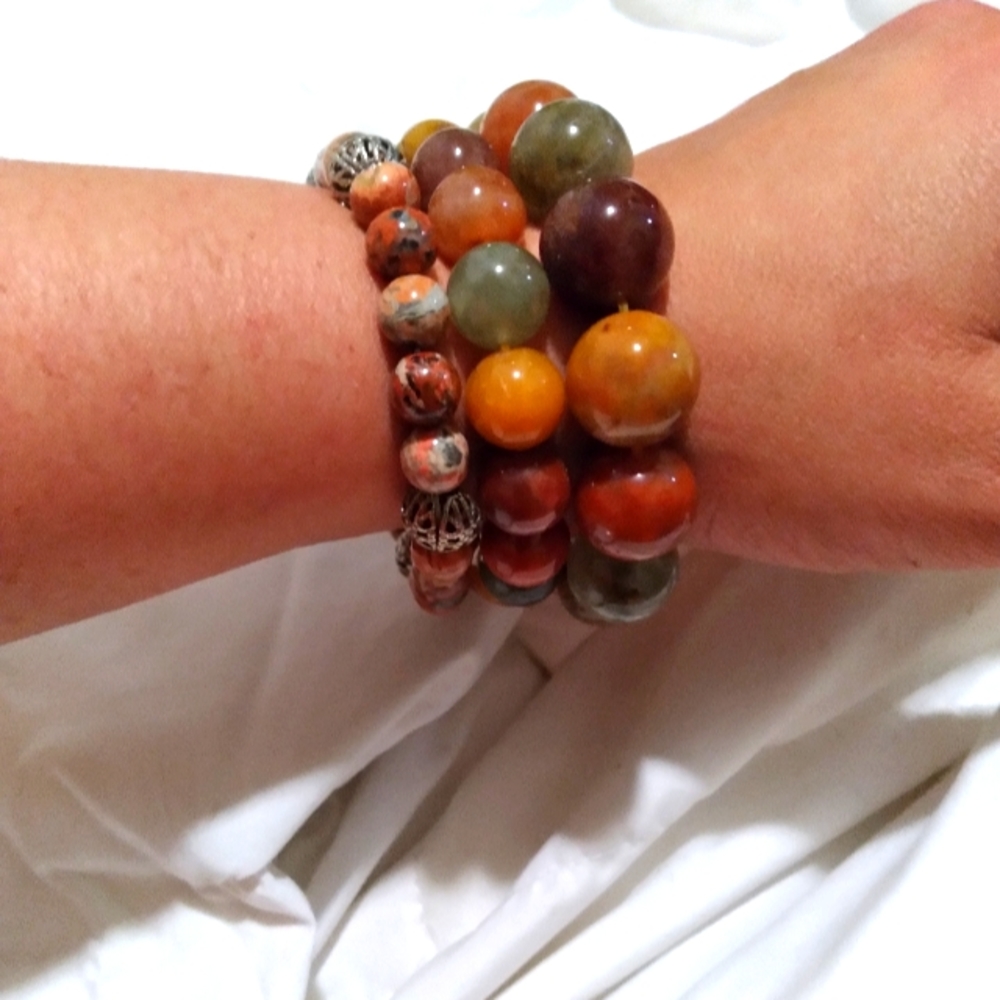 Natural polished stone bracelet trio